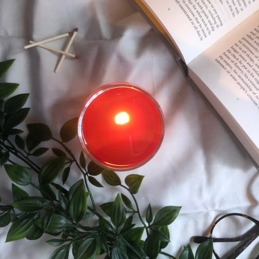 Someone lighting a tealight that is positioned in a swirl burner with two open packs of melts in front and two plants in the background