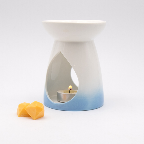 Blue ceramic teardrop wax burner for Callan Candles soy wax melts