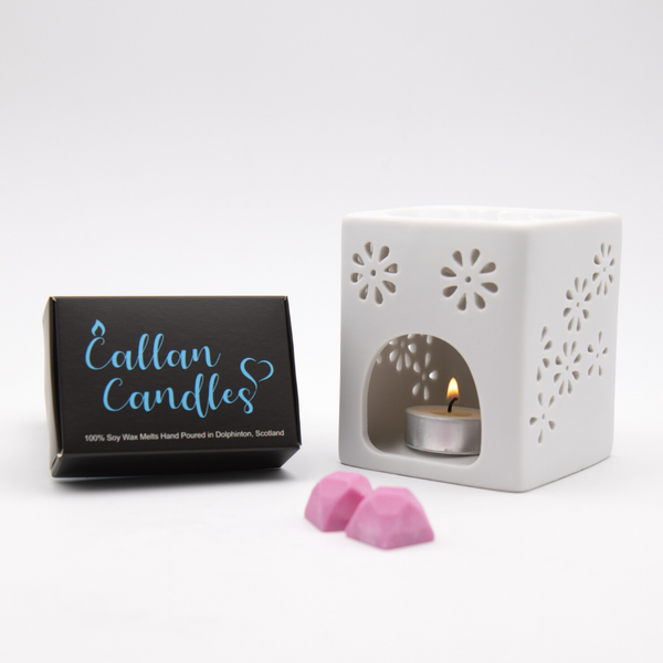 square soy wax ceramic melter and a box of callan candles soy wax melts